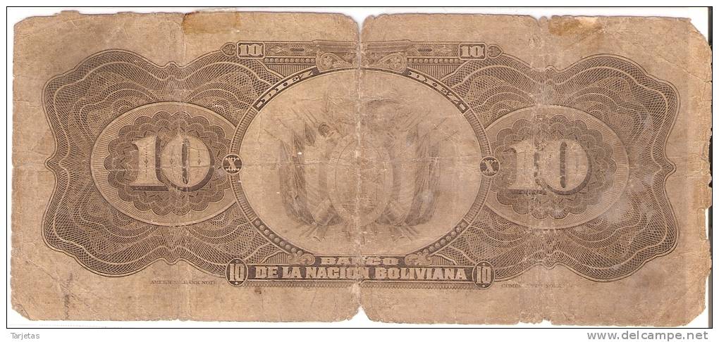 BILLETE DE BOLIVIA DE 10 PESOS BOLIVIANOS DEL AÑO 1911 (RARO)  (BANKNOTE) - Bolivie