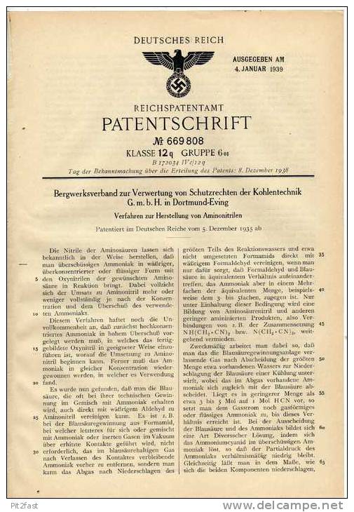 Original Patentschrift - Bergwerk - Verband GmbH In Dortmund - Eving , 1935 , Herstellung Von Aminonitrilen , Chemie !!! - Historical Documents