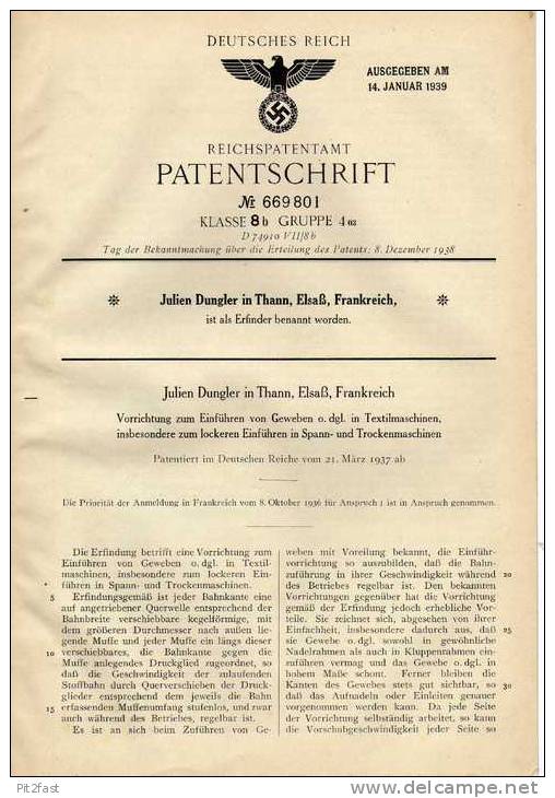 Original Patentschrift - J. Dungler In Thann , Elsaß , Frankreich , 1937 , Textilmaschine !!! - Machines