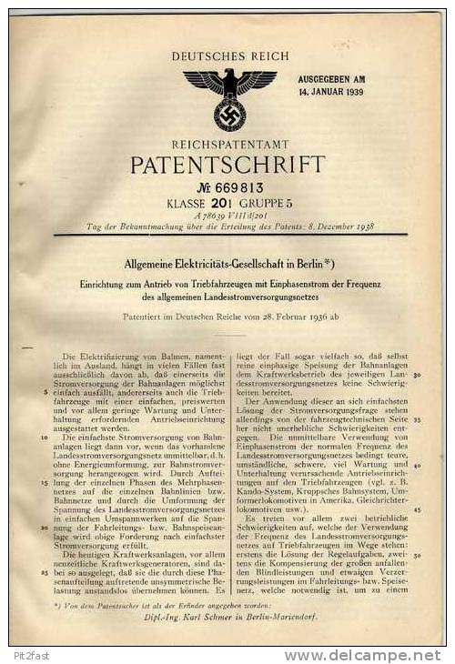 Original Patentschrift -  AEG In Berlin , 1936 ,  Antrieb Für Triebfahrzeuge !!! - Máquinas