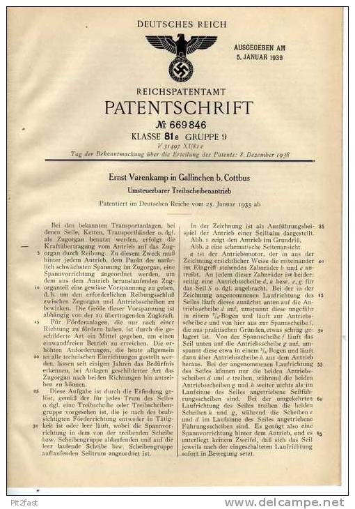 Original Patentschrift - E. Varenkamp In Gallinchen B. Cottbus , 1935 , Antrieb Für Treibscheiben , Maschinenbau !!! - Macchine