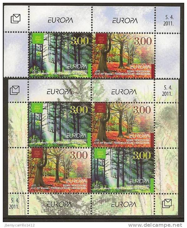 BOSNIA HERZEGOVINA CROATA  - EUROPA 2011 -TEMA ANUAL  " BOSQUES".- SERIE + HOJITA BLOQUE . -   DENTADA - 2011