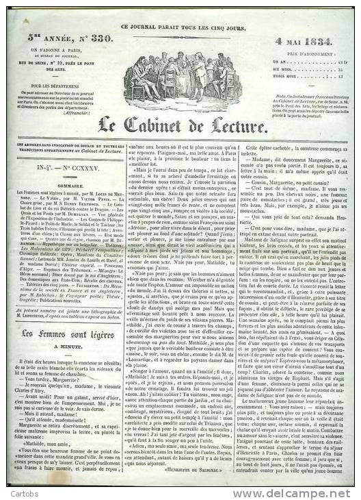 Journal : LE CABINET De LECTURE  Du 4 Mai 1834 - 1800 - 1849