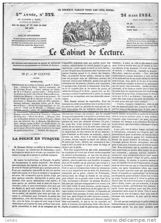 Journal : LE CABINET De LECTURE  Du 24 Mars 1834 - 1800 - 1849