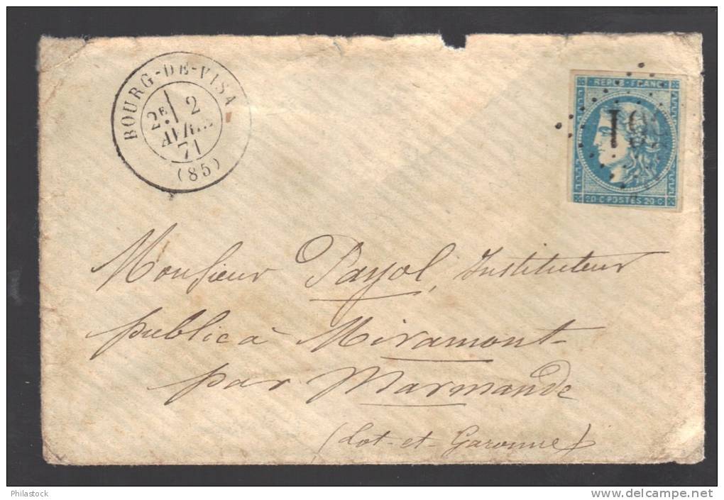 FRANCE 1871 N° 46 (touché)  Obl. S/Lettre Entiére GC 561 & C à D Bourg De Visa Indice 8 - 1870 Ausgabe Bordeaux