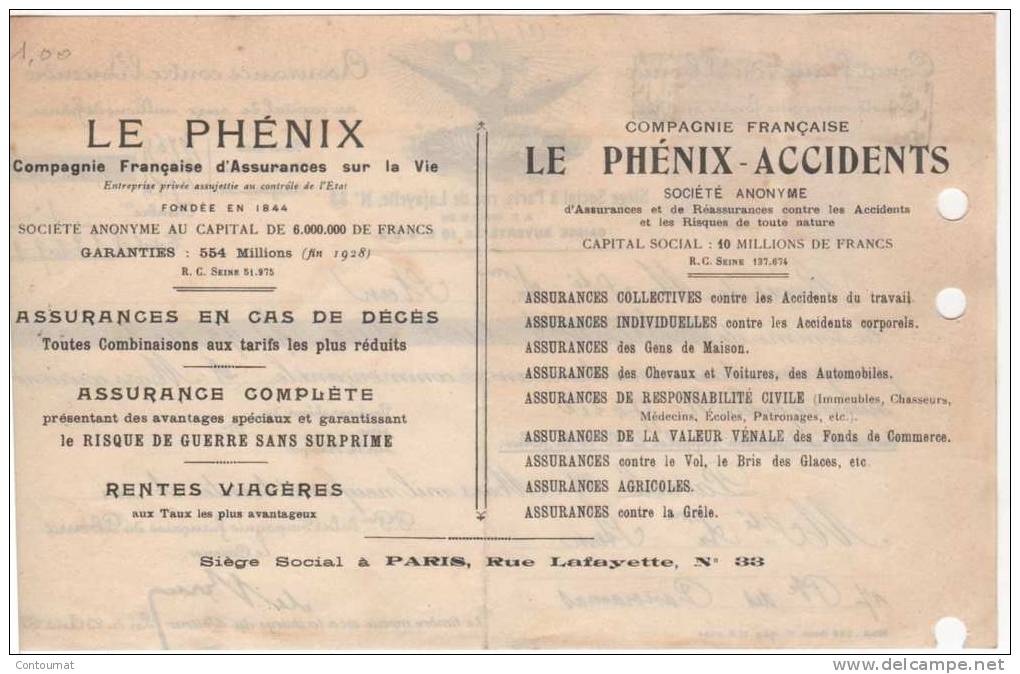75 PARIS FACTURE 1931  RECU  ASSURANCE LE PHENIX     - T37 - Bank & Insurance