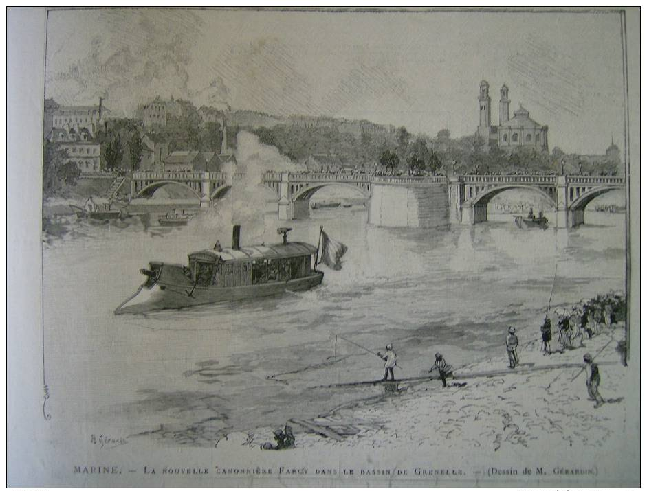 Marine , La Nouvelle Cannoniére Farcy Dans Le Bassin De Grenelle Paris , Gravure D'aprés Gérardin 1886 - Documents Historiques