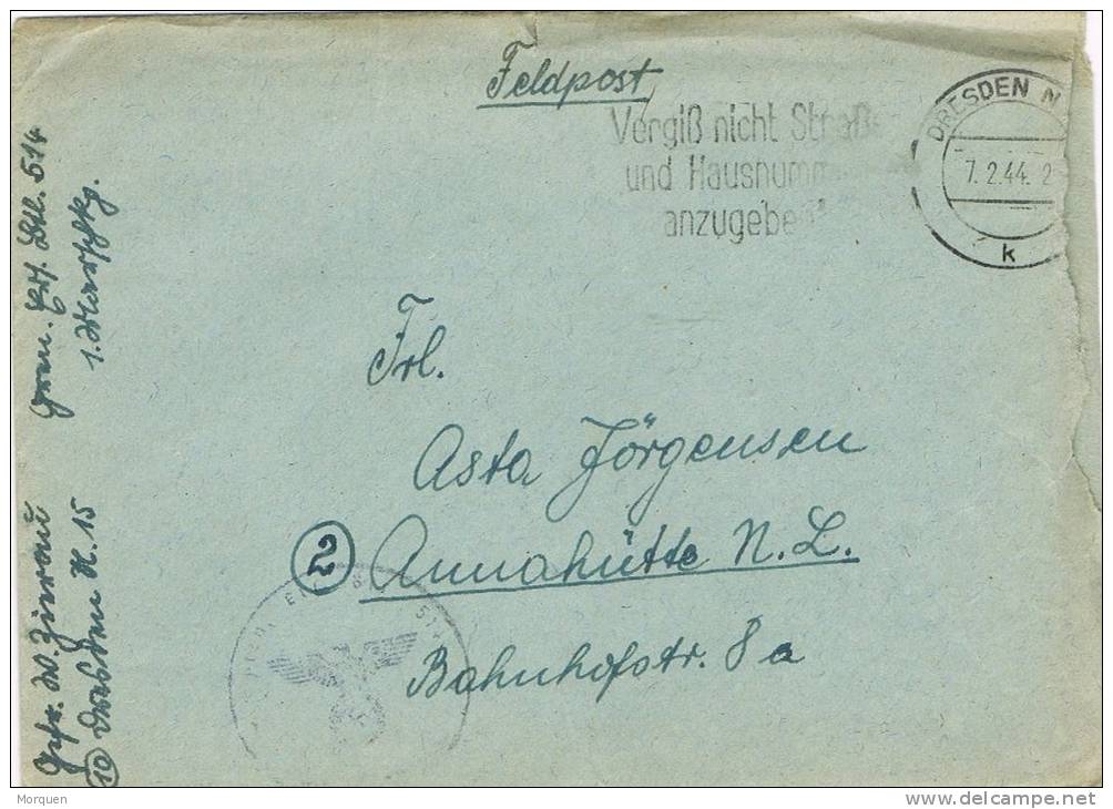 Carta Alemania Reich. FELDPOST, Dresden 1944. Zensur, Militar Post - Briefe U. Dokumente