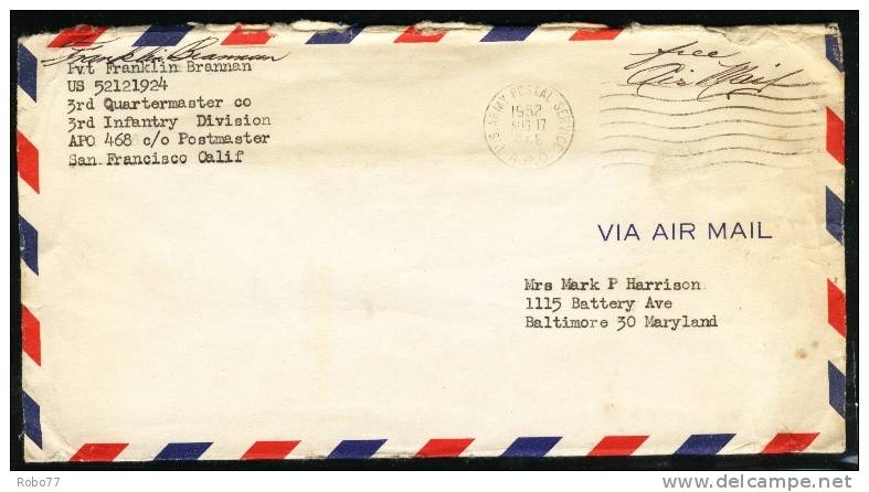1952 USA Cover.  Feldpost, Fieldpost, Military. Korea. U.S. Army Postal Service APO 468, Aug.17.1952. (Q10199) - Marcofilia