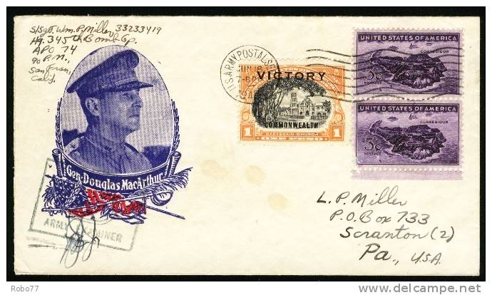 1945 USA Cover Feldpost, Fieldpost, Military. APO 7-BP Philippines. Gen.Douglas Mac Arthur. Overprint Stamp.  (Q10194) - Marcophilie