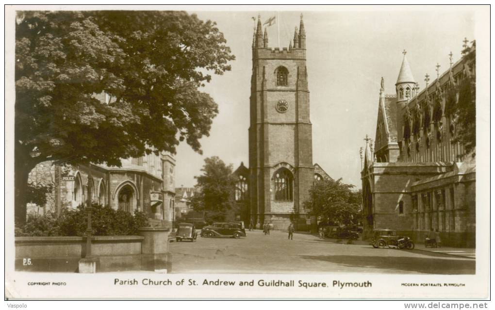 UNITED KINGDOM-ENGLAND-PLYMOUTH PARISH CHURCH OF ST. ANDREW AND GUILDHALL SQUARE-CIRCULATED-1950 - Plymouth