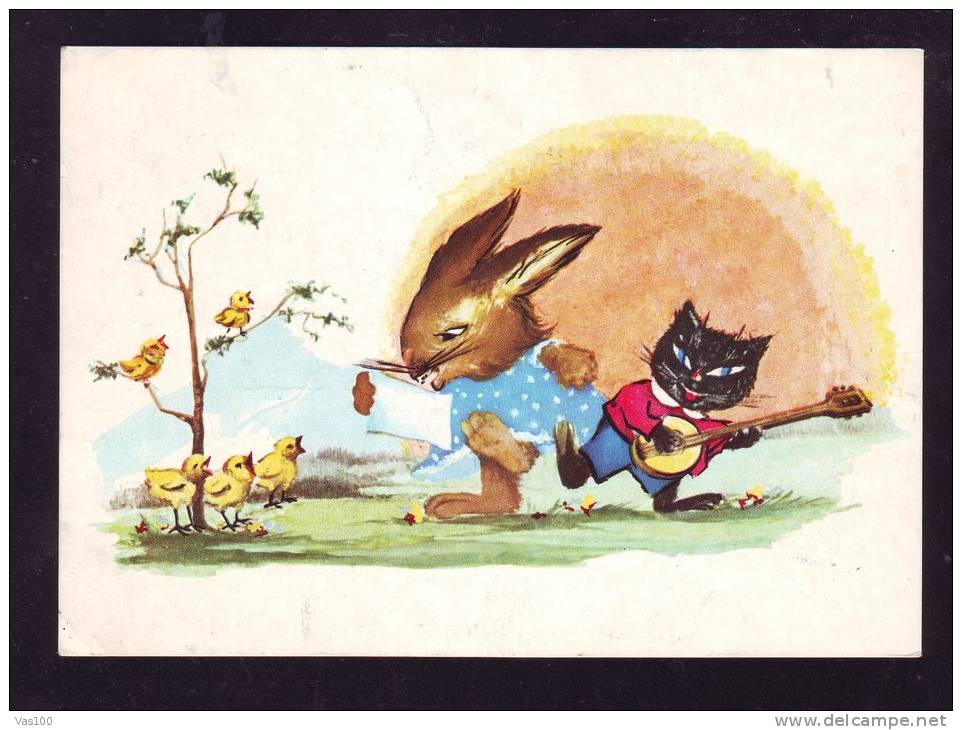 RABBIT, KAT, CHICKEN, COMICS, 1970, CARD STATIONERY, ENTIER POSTAL, SENT TO MAIL, ROMANIA - Hasen