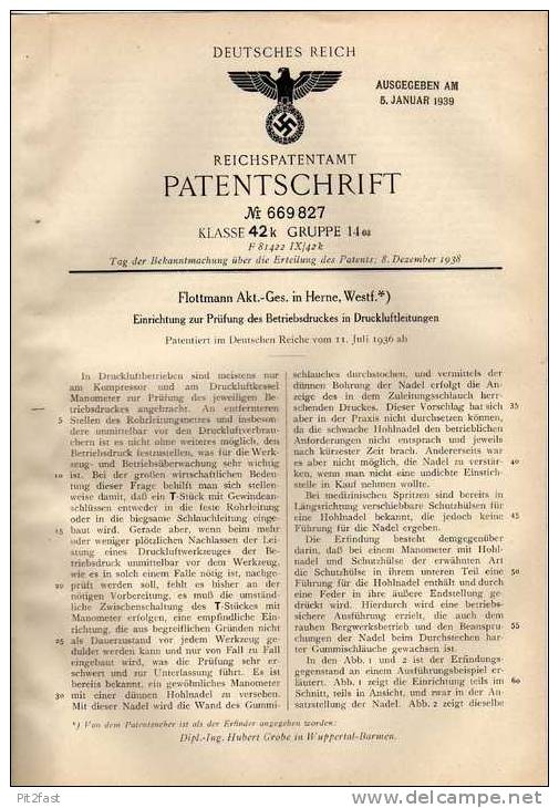 Original Patentschrift - Druckluftmesser , 1936 , Flottmann AG In Herne , Westfalen !!! - Maschinen