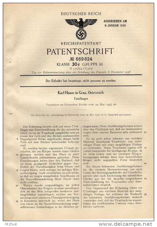 Original Patentschrift - K. Haase In Graz , Österreich , 1937 , Urinfänger , Urin !!! - Uitrusting