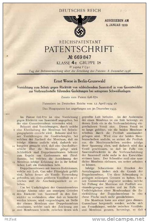 Original Patentschrift - E. Weese In Berlin - Grunewald , 1934 , Rückschlagschutz Für Autogenes Schweißgerät !!! - Machines