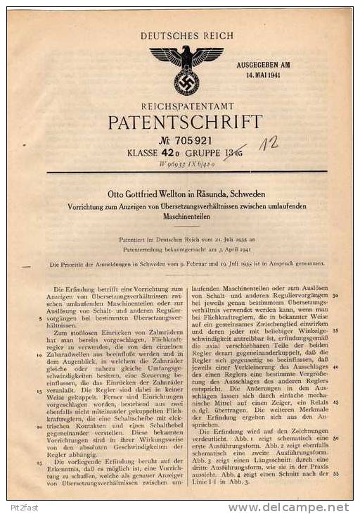 Original Patentschrift - O. Wellton In Rasmunda , Schweden , 1935 , Anzeiger Für Übersetzung An Maschinen !!! - Tools