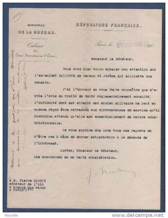 MINISTERE DE LA GUERRE - CABINET DU SOUS SECRETAIRE D´ETAT - 1910 - LETTRE AU SENATEUR DE L´AIN PIERRE BAUDIN - PENSION - Historische Dokumente