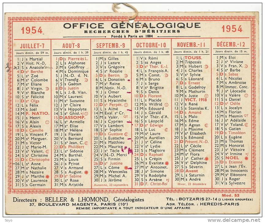 Calendrier 1954 15,5 Par 12 Cms Office Genealogique Beller , Lhomond Bd Magenta Paris 10 - Petit Format : 1941-60