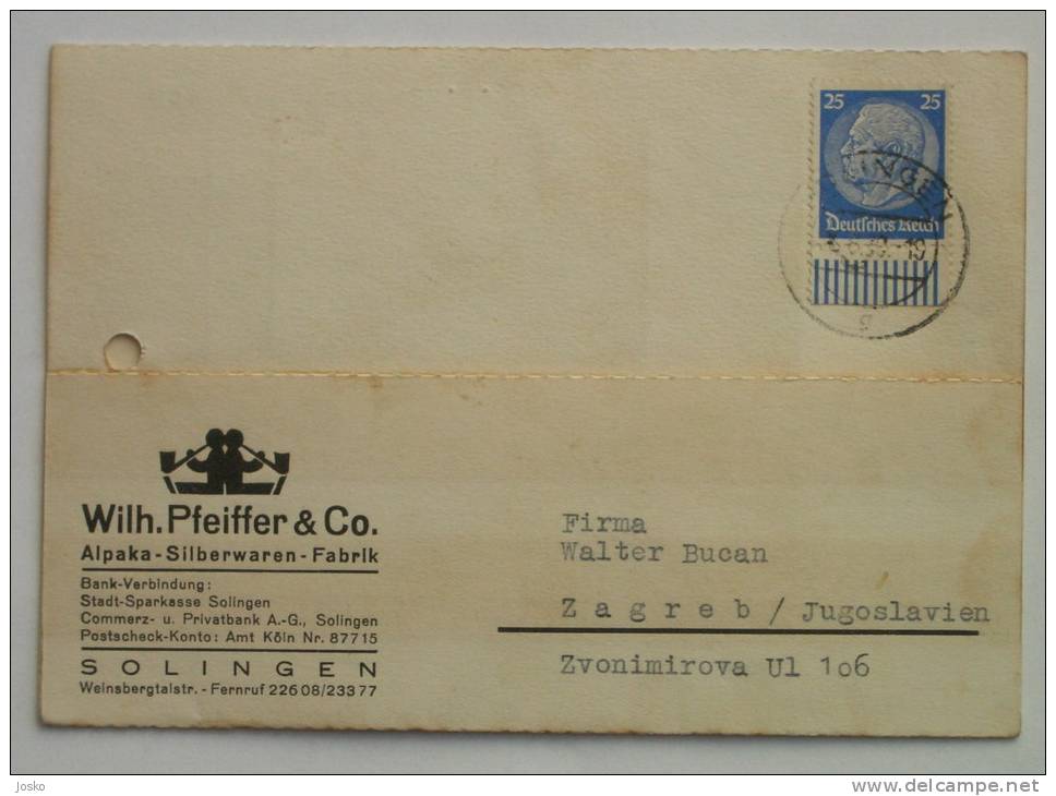 WILH. PFEIFFER & Co. Alpaka - Silberwaren - Fabrik SOLINGEN (Germany) Iinvoice Statement - Travelled 1939. To Yugoslavia - 1900 – 1949