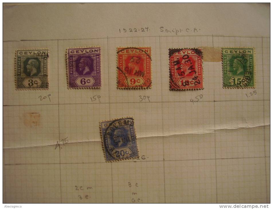 CEYLON 1922-27  SIX USED STAMPS  GEORGE V  To 20c Value On Old Album Page. - Ceylan (...-1947)