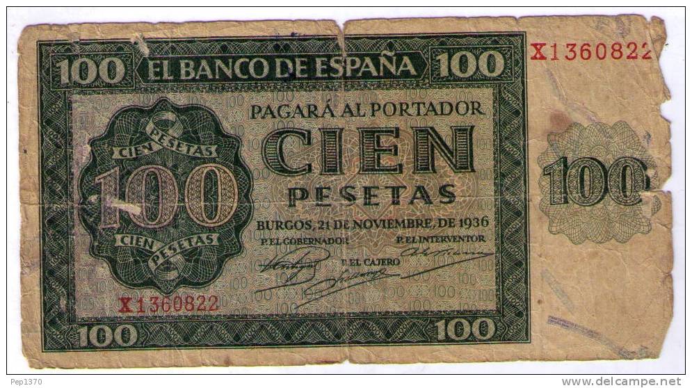 BILLETE DE 100 PESETAS DE 1936 - DETERIORADO - 100 Peseten