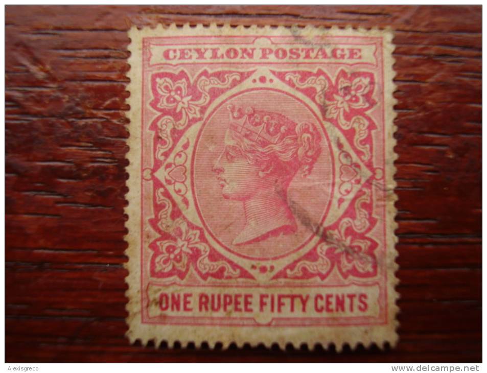 CEYLON 1899-1900 Q. VICTORIA ONE RUPEE FIFTY CENTS ROSE Per.14 USED. - Ceylon (...-1947)