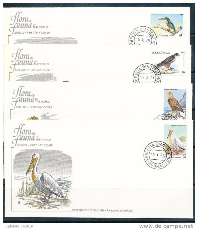 GREECE 1979 FLORA AND FAUNA BIRDS 4 DIF CACHETED BIRDS ON FDC VF UA - Covers & Documents