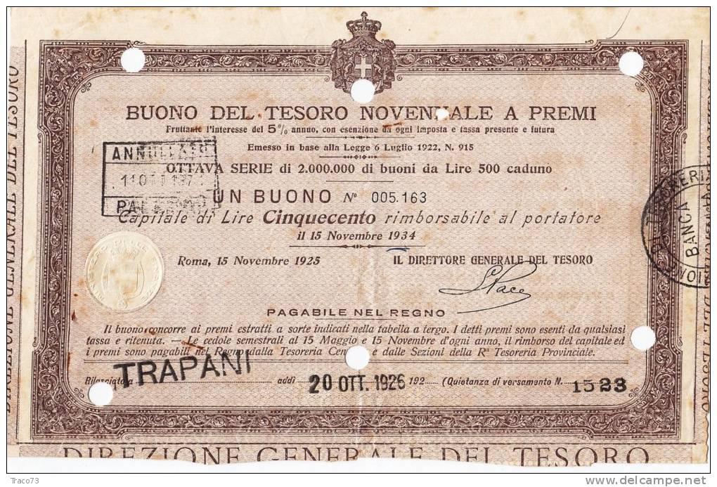 BUONO DEL TESORO NOVENNALE A PREMI DA LIRE 500 - Roma, 15 Novembre 1925 - Banque & Assurance