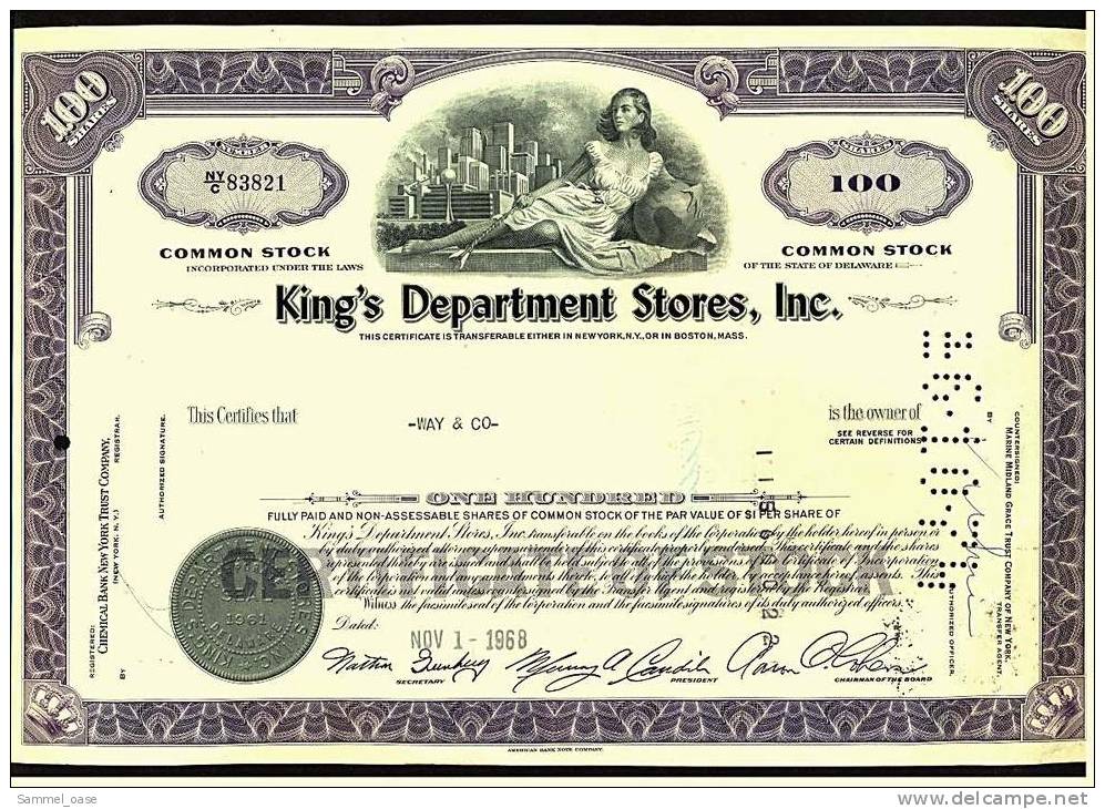 1968  Aktie  Hist. Wertpapier  -  King's Department Stores, Inc.   -  100 Shares - J - L