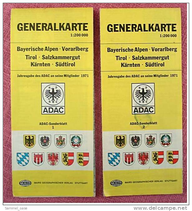 1971 ADAC - 2 Generalkarten , Bayr. Alpen + Österreich  -  Größen : Ca. 108 X 50 Cm - Mappemondes