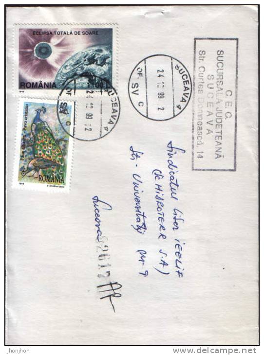 Romania-Envelope Circulated 1999-  Peacock Blue. - Peacocks