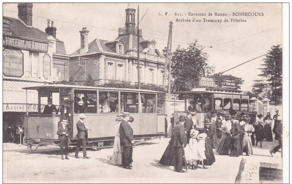 ENVIRONS DE ROUEN......BONSECOURS.....ARRIVEE D UN TRAMWAY DE PELERINS - Bonsecours