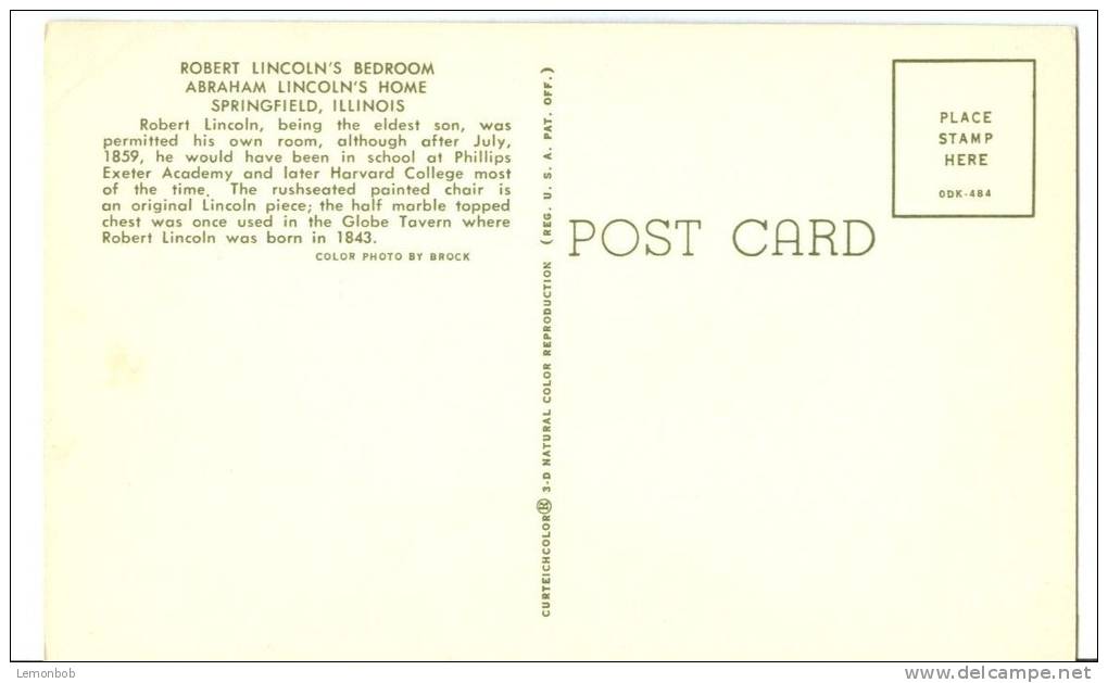 USA, Robert Lincoln's Bedroom, Abraham Lincoln's Home, Springfield, Illinois, Unused Postcard [P8355] - Springfield – Illinois