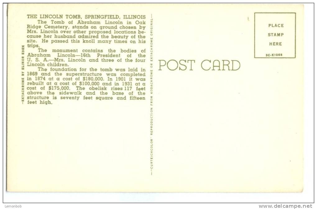 USA, The Lincoln Tomb, Springfield, Illinois, Unused Postcard [P8358] - Springfield – Illinois