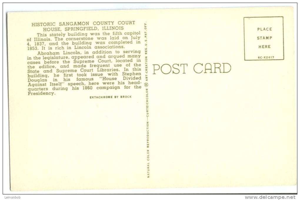 USA, Historic Sangamon County Court House, Springfield, Illinois, Unused Postcard [P8360] - Springfield – Illinois