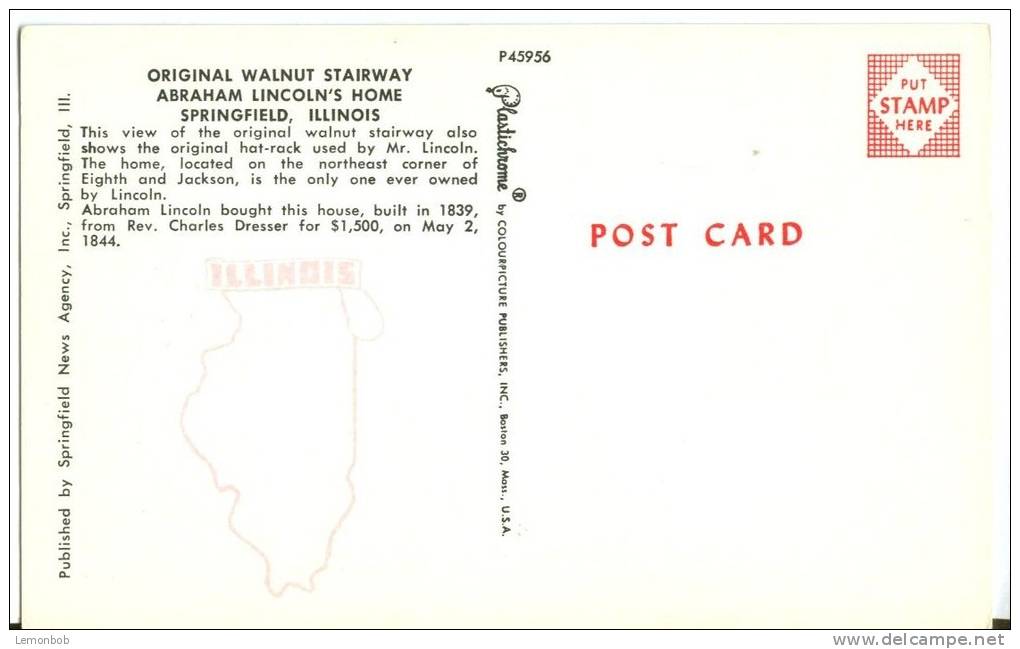 USA, Original Walnut Stairway, Abraham Lincoln's Home, Springfield, Illinois, Unused Postcard [P8363] - Springfield – Illinois