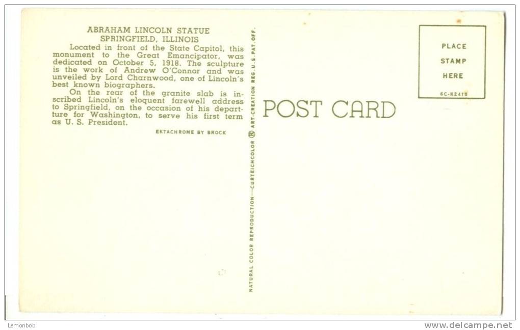 USA, Abraham Lincoln Statue, Springfield Illinois, Unused Postcard [P8366] - Springfield – Illinois