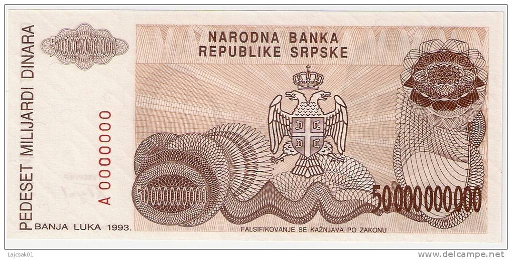 Bosnia And Herzegovina 50.000.000.000 Dinara 1993. UNC P-157 ZERO NUMBERED NOT ISSUED - Bosnia And Herzegovina