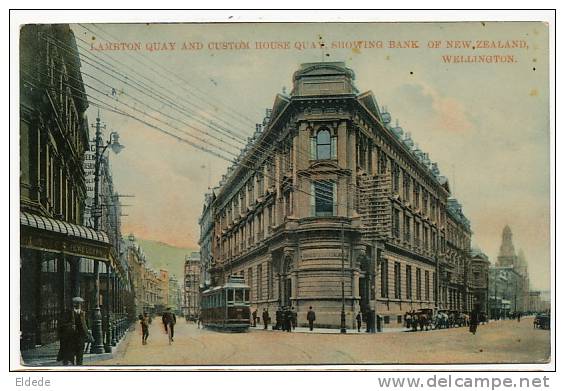 Wellington Lambton Quay And Custom House Bank Of New Zealand Tram  Universal  P. U. 1911 - Nieuw-Zeeland