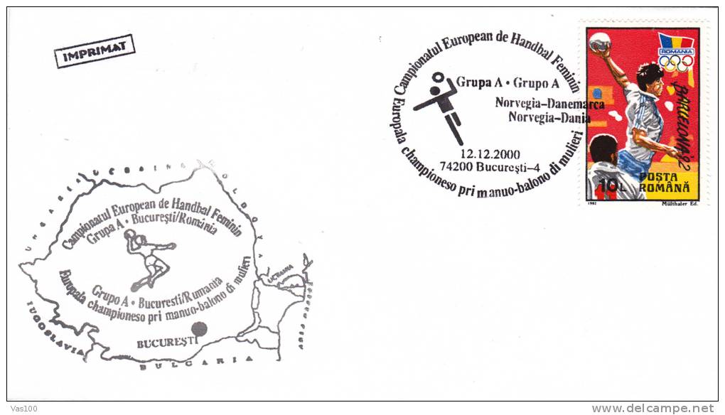 WOMEN EUROPEAN HANDBALL CHAMPIONSHIP, 2000, SPECIAL COVER, OBLITERATION CONCORDANTE, ROMANIA - Balonmano