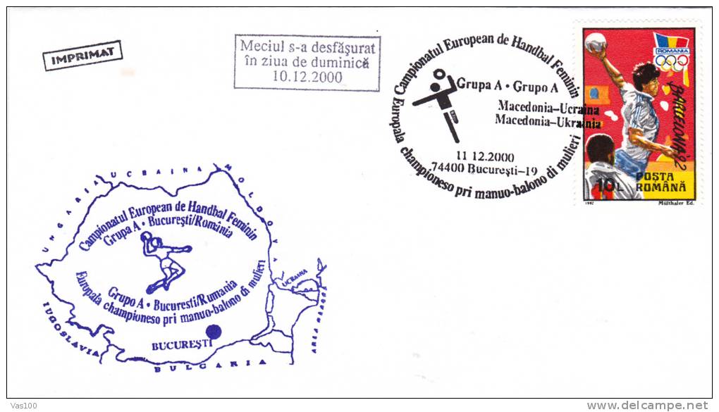 WOMEN EUROPEAN HANDBALL CHAMPIONSHIP, 2000, SPECIAL COVER, OBLITERATION CONCORDANTE, ROMANIA - Hand-Ball