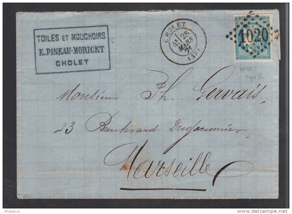 FRANCE 1871 N° 45 T II Obl. S/Lettre Entiére GC 1020 & C à D Cholet - 1870 Ausgabe Bordeaux