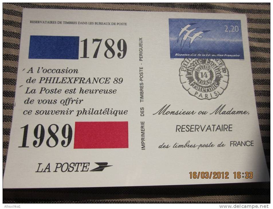 Entiers Postaux Souvenir Philatélique Bicentenaire De La Révolution Française1789—1989 PhiilexFrance 89(réservataires) - Official Stationery