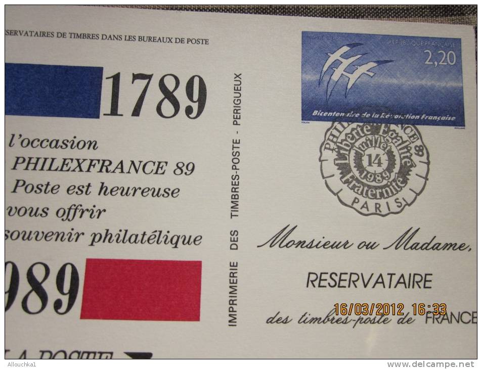 Entiers Postaux Souvenir Philatélique Bicentenaire De La Révolution Française1789—1989 PhiilexFrance 89(réservataires) - Official Stationery