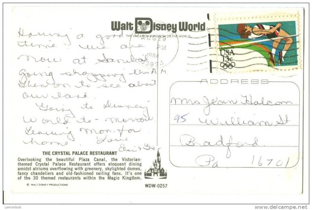 USA, The Crystal Palace Restaurant, Walt Disney World 1984 Used Postcard [P8393] - Disneyworld