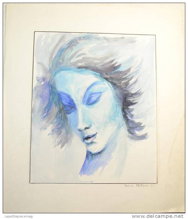 Aquarelle Signée Francine REMBAU (MATHIEU) Portrait Femme Bleu - Watercolours