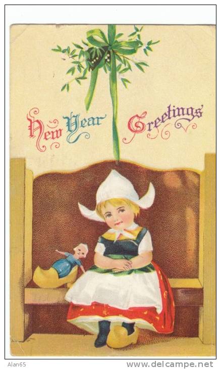 Clapsaddle Artist Signed New Year Greetings, Dutch Girl With Doll, 1910s Vintage Postcard - Clapsaddle