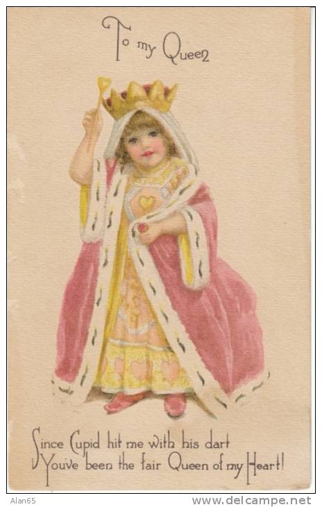 Clapsaddle Artist Unsigned Girl Dressed As Queen, Valentines Cupid Romance 1900s/10s Vintage Postcard - Clapsaddle