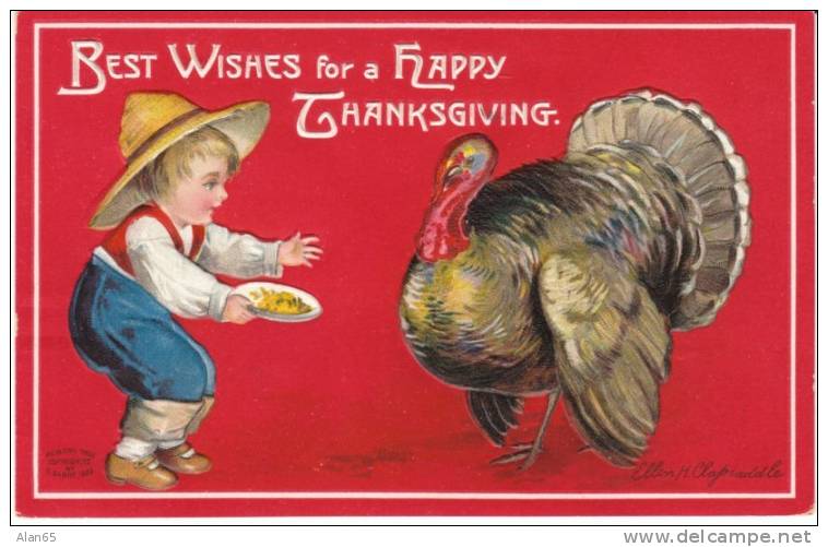 Clapsaddle Artist Signed, Thanksgiving Boy With Turkey, Wolf's Beer Advertisement, 1900s Vintage Postcard - Clapsaddle