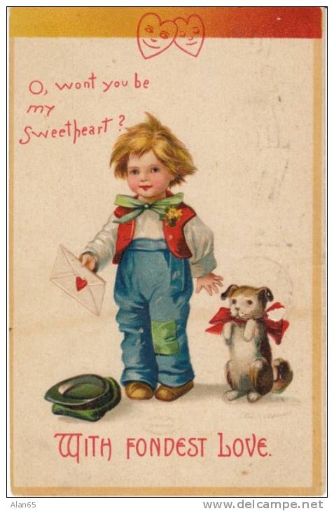 Clapsaddle Signed Valentines Greetings, Boy Dog Romance 1900s Vintage Postcard - Clapsaddle